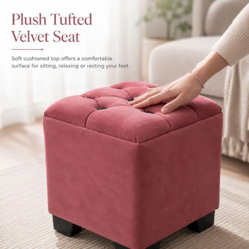 Image of Velvet Cube Ottoman | Seating Stool for Living Room | Soft Cushioned Footrest Stool with Durable Plastic Legs | Multipurpose Seating, Side Table & Pouffe Home Decor, 12x12x14 inch (Gajri)