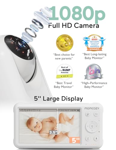 Momcozy Baby Monitor with 2 Cameras 5’’ 1080P Split Screen Video Baby Monitor with Camera and Audio no WiFi for Baby Safety 5000mAh Battery Infrared Night Vision 2-Way Audio 960ft Range Ideal Gift