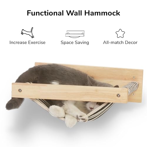 FUKUMARU Hammock Wall Mounted Cat Beds and Perches, Wooden Kitten Walls Furniture, Stable Cats Shelves for Sleeping, Playing, Climbing, and Lounging, Black Stripe