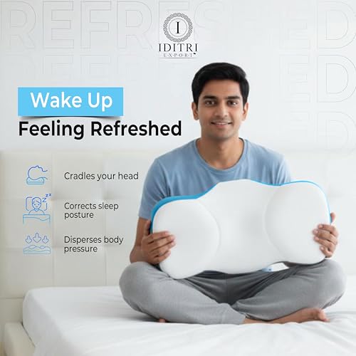 Image of Orthopedic Memory Foam Pillow, Patterned Breathable Jersey, 66 x 38 x 12 cm, Contoured Support for Neck Shoulder Spine, Slow Rebound Core, Ergonomic Sleep Aid, Sky Fabric