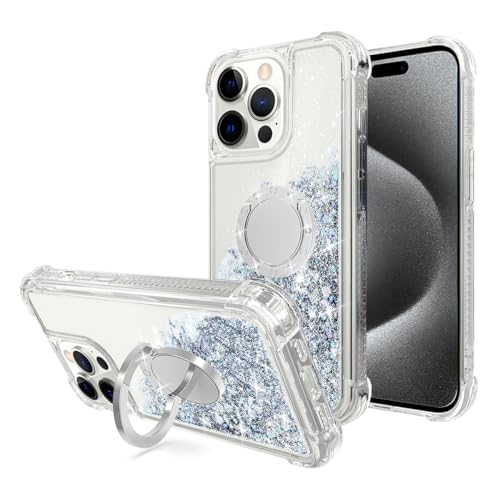 Coque iPhone 15 Pro Max paillettes avec anneau béquille argenté