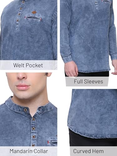 Image of Kuons Avenue Men's Denim Casual Short Kurta | Mandarin Collar | Full Sleeves | Tailored Fit- Stylish Ethnic Wear