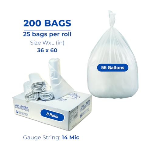 Image of Inteplast Group S366017N 55 Gallon Capacity, 60 inch Length x 36 inch Width x 17 Mic Thickness, Natural Color, HDPE Commercial Coreless Institutional Trash Can Liner (Case of 8 Roll, 25 Bags per Roll)