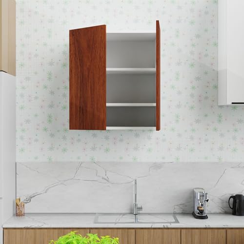 Image of 2 Door Multipurpose Wall Mounted Cabinet with Adjustable & Fixed Shelf | Storage for Modular Kitchen, Office & Living Room | Assembly-DIY | Color-White & Cherry Pine | Size-60x33x63.8 Cm