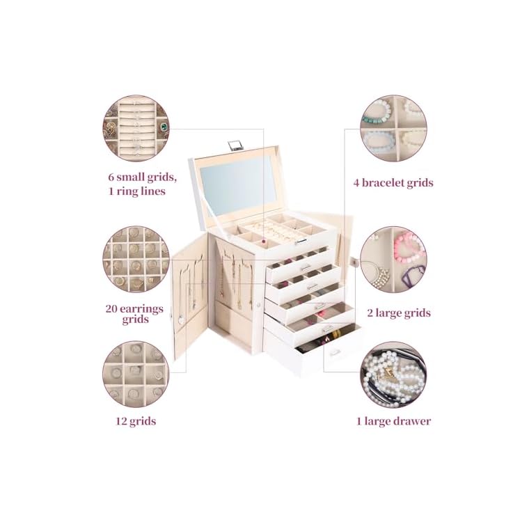 ASINGYER Jewelry Box for Women, 6 Layer Large Jewelry Holder Organizer with 5 Drawers for Jewelry Storage, Big Jewelry Box for Womensâ Christmas Gift (Pearl White) - Image 4