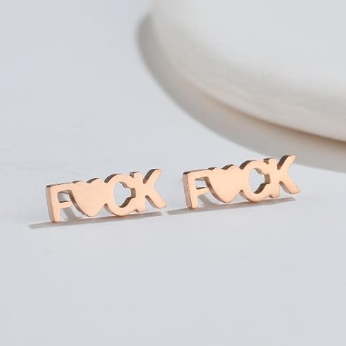 Funny Letters Stud Earrings Punk Love Heart Shaped Statement Small Cartilage Tragus Piercing For Women Girl Men Fashion Initial Jewelry Personalise Gothic Gifts Birthday Xmas Friendship (Rose Gold) #TOP2
