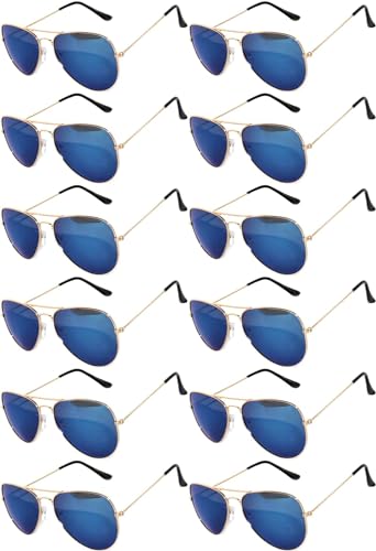 OWL 12 Pairs Bulk Unisex Aviator Sunglasses Gold Metal Frame Colored Mirror Lens UV400 Protection