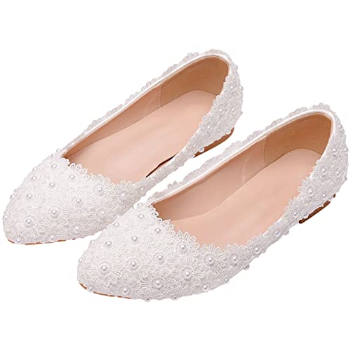 ANUFER Womens Elegant Pointed Toe Flower Lace Pearls Bridal Shoes Pumps Soft Sole Ballet Flats3