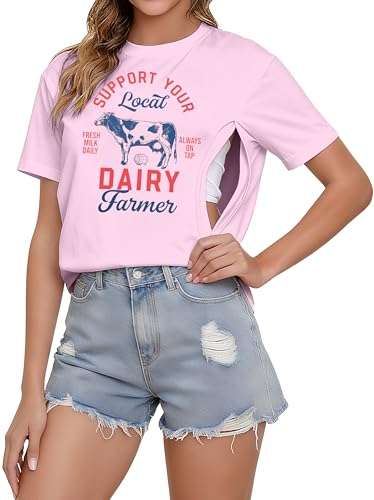 Image of UNIQUEONE Comfort Breastfeeding Shirts for Women Zip Nursing Tops Casual Distressed Acid Washed Maternity Tees