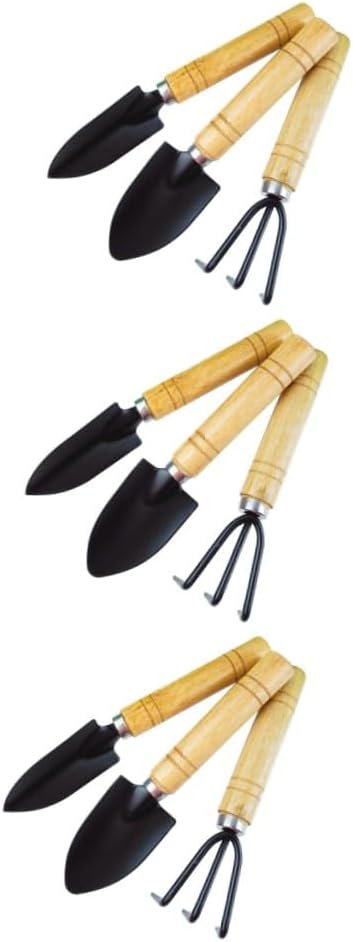 VICASKY 3sets Garden Tool Kit Mini Shovel Trowel Rake Outdoor Camping Iron Comfortable Wood 3pcs*3 Random Style