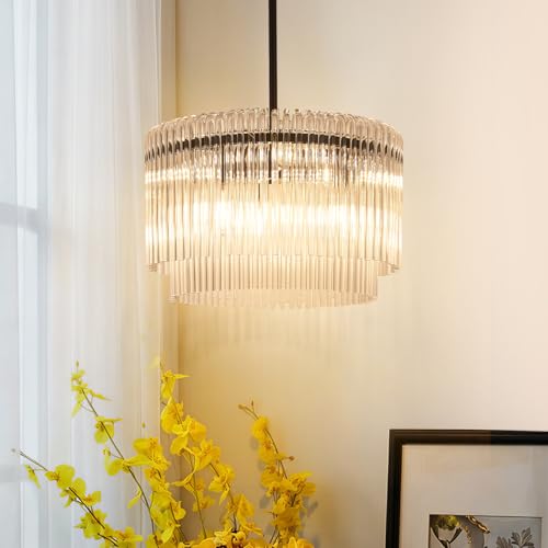 Image of 15.44 inch Drum Chandeliers Dining Room Black Modern Round Glass Brushed Nickel Chandelier 6-Lights with Crystals for Living Room Kitchen Island Entryway Foyer Stairway Light Fixture