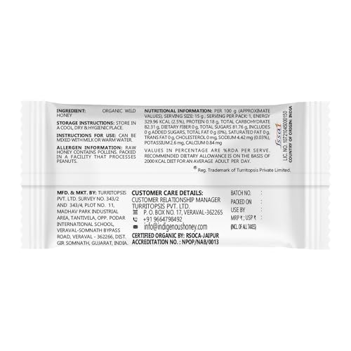 Image of INDIGENOUS HONEY Organic Natural Wild Honey Raw Pure Unprocessed Added Sugar Free NMR Tested Unpasteurized Unheated 15 Sachets Gift Pack 15g Each Total 225g