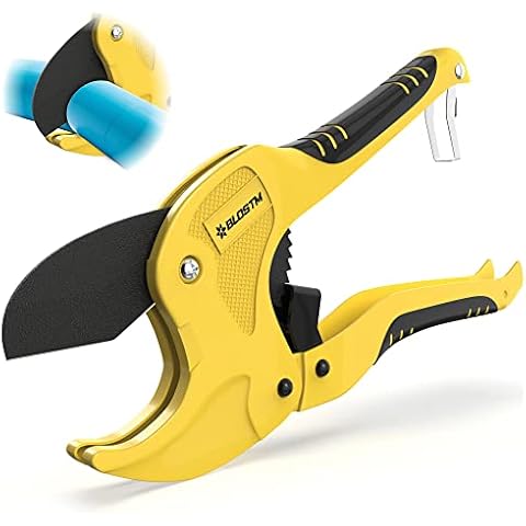 BLOSTM Plastic Pipe Cutter - Heavy Duty Ratchet Pipe Cutters with 42mm Outside Diameter Cutting Capacity for PVC, PEX, PPR Plastic Pipes & Rubber Hoses - Ergonomic Non-Slip Handle & Safety Lock Cover