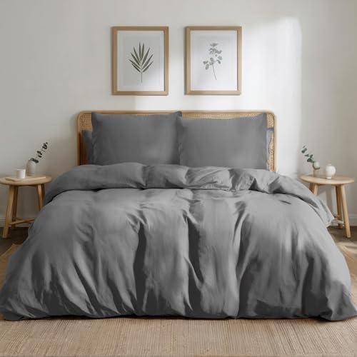 Dreamzie Bettwäsche-Set 220x240 aus Baumwoll-Perkal – Anthrazit – Bettbezug 220x240 und 2X Kissenbezug 80x80 cm – Oeko-Tex Zertifiziert