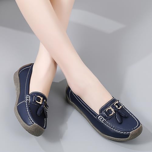 Image of Women's Faux Leather Flat Loafers Classic Casual Comfort Slip-On Shoes Soft Sole Dress Shoes(Navy,Size 9)