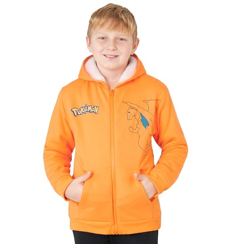 Pokémon Sweat a Capuche Garçon et Ado 7-14 Ans, Cosy Hoodie Polaire Fermeture Eclair, Poche Kangourou, Idee Cadeau Anime (11-12 Ans, Orange Charizard)