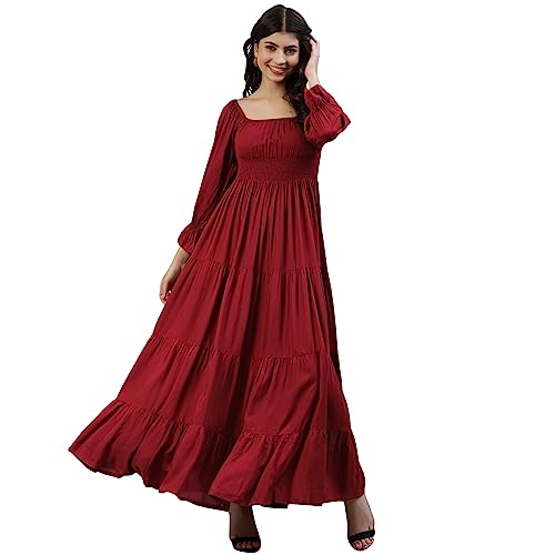 Image of DEEBACO Women's Solid Rayon A-Line Maxi Dress for Woman Festive Fancy|Casual Trending Stylish Long One Piece Dresses Women Western (Maroon)