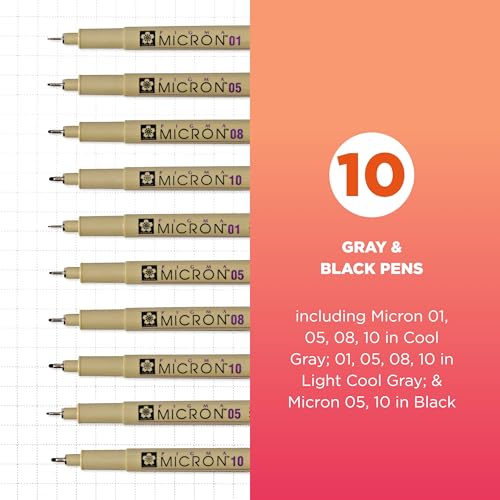 SAKURA Pigma Micron Fineliner Pens - Archival Black and Gray Ink Pens - Mix Point Sizes - 1 Count Pack of 10