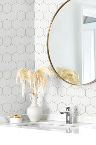 Fiula Gold and White Geometric Wallpaper Peel and Stick Wallpaper Hexagon White Wallpaper 17.3”×78.7”Decorative Shelf Drawer Liner Roll Waterproof