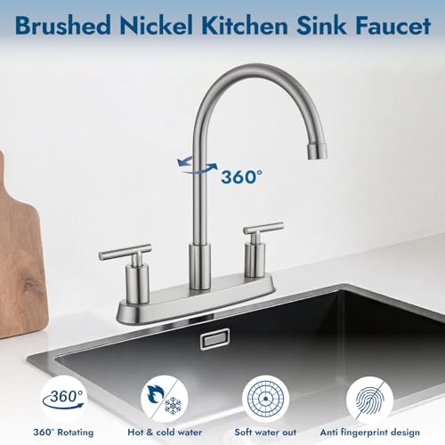 Cinwiny Kitchen Faucet, High Arc 360° Swivel Kitchen Sink Faucet, 2-Handle 8 Inch Centerset Kitchen Faucet for 2 or 3 Hole Sink, Kitchen Sink Faucet for RV, Utility & Laundry Sink, Brushed Nickel by Cinwiny - Used condition - Image 3