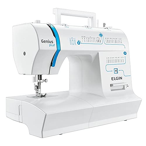 Máquina de Costura Portátil Elgin Genius Plus JX-4035 220V Branca e Azul para Uso Doméstico
