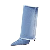Reitoye Womens Denim Wide Calf Boots Pointed Toe Ankle Stiletto High Heel Boot US 7