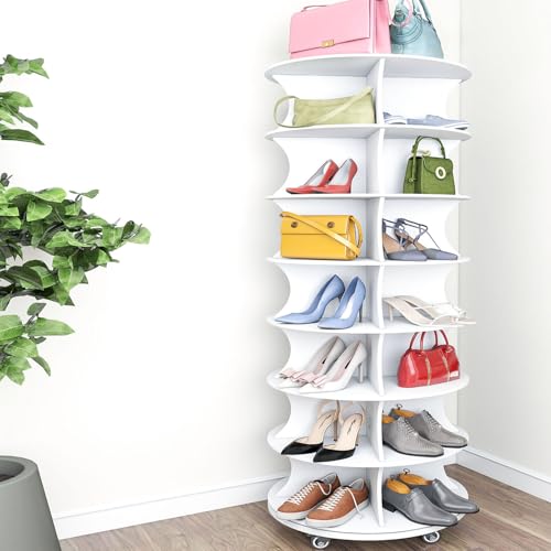Somferic 7 Tier Rotating Shoe Rack Tower with Wheels, 360 Revolving Shoe Storage Round Carousel Lazy Susan, Spinning Shoe Rack Shoe Closet Organizer for Entryway Living Room Hallway (65“)