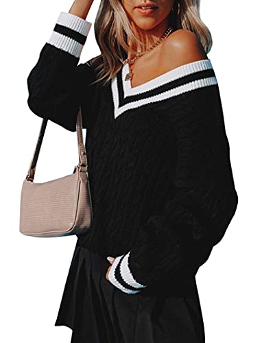 Migcaput Pullover Damen Gerippter Strickpullover Damen Oversize Sexy Pulli Pullunder Winterpullover Strickbluse Langen Ärmeln (Schwarz, M) Cover