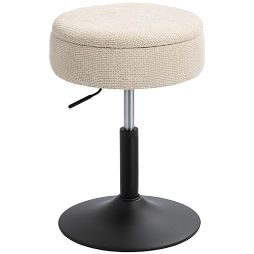 HOMCOM Taburete de Bar con Almacenaje, Altura Ajustable, Taburete de Cocina Redondo, Giratorio, Tapizado en Chenilla, Base de Acero, Diseño Botones, Acolchado, para Salón, Comedor, Oficina, Beige