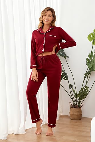 Image of 100% Cotton Pajama Sets for Women 2 Piece Long Sleeve Button Down Pjs Soft Comfy Ladies Sleepwear Lounge Sets S-XL