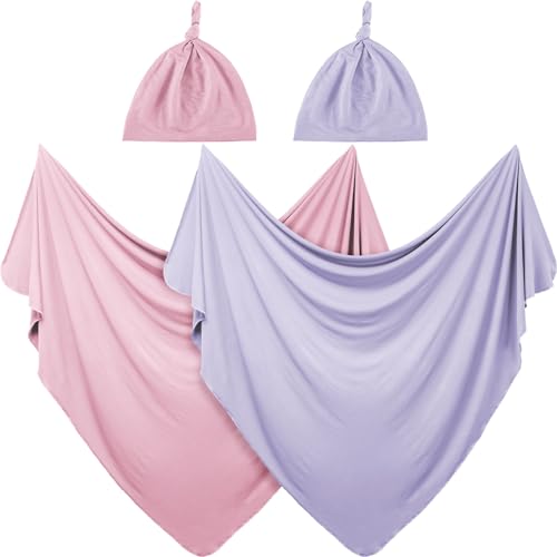 Image of JaGely 2 Pcs Stretchy Baby Swaddle Blankets Set Extra Soft 47" x 47" Baby Newborn Swaddle Blanket and Hat(Pink, Light Purple)