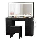 IRONCK Vanity Makeup Desk Set with LED Lighted Mirror & Power Outlet, 7 Drawers Bedroom Vanities Table with Stool,Black