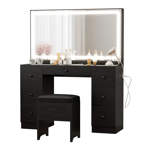 IRONCK Vanity Makeup Desk Set with LED Lighted Mirror & Power Outlet 7 Drawers Bedroom Vanities Table with Stool Black