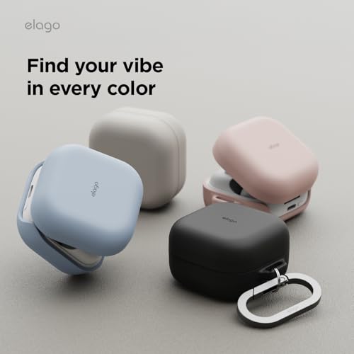 Image of elago Premium Silicone Case with Carabiner, Compatible with Samsung Galaxy Buds 4 Pro Case & Galaxy Buds 4 Case, Full Protection, Wireless Charging, Headphone Accessories, for Men, Women (Sand Pink)