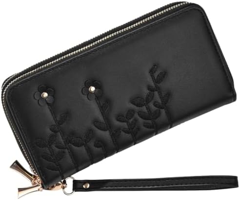 Bakurok Women's RFID Blocking Wallet Large Capacity Double Zip Vegan Leather Wristlet Clutch Phone Holder - Floral Embroidery