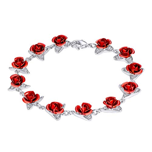 Suplight Silver Red Rose Link Chain Bracelet Bridesmaid Jewelry Platinum Plated Flower Leaf Wrist Charm Bangle
