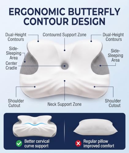 JKNJKN Low Profile Cervical Pillow for Neck Pain Relief, Orthopedic Memory Foam Pillow with Dual Height 4.3" & 5.1" Loft, Cooling Butterfly Contour with Arm Rest for Side and Back Sleepers - image 2