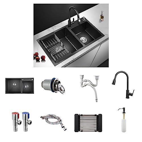 ADOSSY キッチンシンク ステンレス製シンク 台所の流し台 2槽 大容量シンク 防油 防汚 防錆 防食 耐久性 シンクセット 家庭用 水切りカゴ付き 蛇口付き シンクアクセサリー付き 簡単な取り付け (81x43x20CM)
