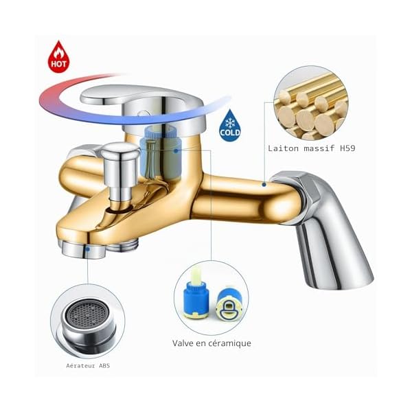 Mitigeur de bain et douche, robinet de douche moderne rond monobloc simple avec bec de baignoire, laiton massif, chromé, sortie 1/2'', centres 180 mm