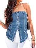 Cicy Bell Womens Strapless Denim Vest Summer Button Down Jean Tube Tops Y2k Going Out Fitted Bandeau Shirts Waistcoat