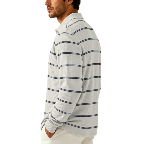 Men Rugby Shirt Button Collared Henley Waffle Knit Sweater Men | Striped, Waffle Knit, Relaxed Fit, Thermal Warm, Oversized, Ribbed Texture, Drop Shoulder, Long Sleeve, Lightweight Fabric - image 4