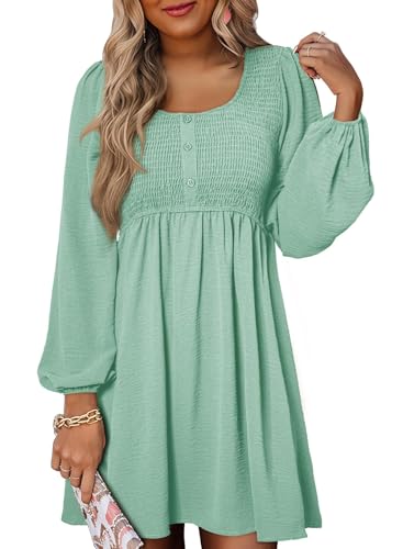 Image of Dokotoo Womens Fall Dresses 2026 Casual Smocked Crewneck Button Up Long Sleeve Empire Waist A-Line Mini Dress