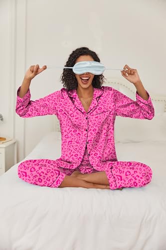 Image of Ekouaer Womens Satin Pajama Set Classic Pattern Silky Pj Sets Button Down Sleepwear Loungewear