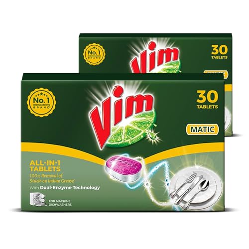 Image of Vim Matic Dishwash All-In-One Tablets | Suitable For All Dishwashers | With Powerful Enzymes To Cut Through Grease And Tough Stains (Pack of 2)