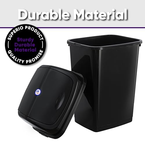 Image of Superio Kitchen Trash Can 13 Gallon with Swing Lid, Plastic Garbage Can Outdoor and Indoor, Large 52 Qt Recycle Bin and Waste Basket for Home, Office, Garage, Patio, Restaurant (Black, 2 Pack)
