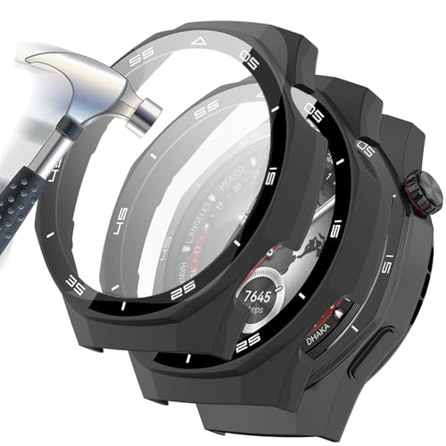 Acadeny 2 pieces Case With Tempered Glass Screen Protector Compatible for Huawei watch GT5 pro 46mm, 9H Hardness 360 ° All-round Protective Cover Ultra-thin Protective PC Case Cover for, Black+Black