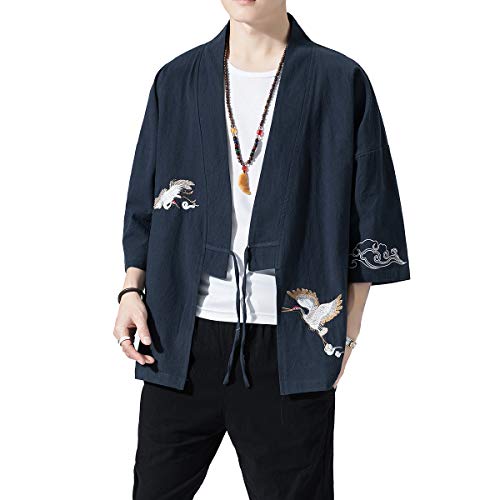 Image of PRIJOUHE Men's Kimono Jackets Cardigan Lightweight Casual Cotton Blends Linen Seven Sleeves Open Front Coat Outwear
