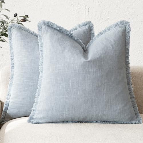Image of Foindtower Set of 2 Decorative Linen Fringe Throw Pillow Covers Boho Farmhouse Cushion Cover with Tassels Soft Accent Pillowcase for Couch Chair Sofa Bed Living Room Home Decor,24x24 Inch,Sky Blue