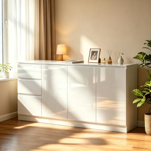 Wumagin Cómoda Dormitorio 140 cm, Aparador con 3 Cajones y 3 Puertas, Comoda Cajones para Entrada, Cocina, Dormitorio (Blanco)