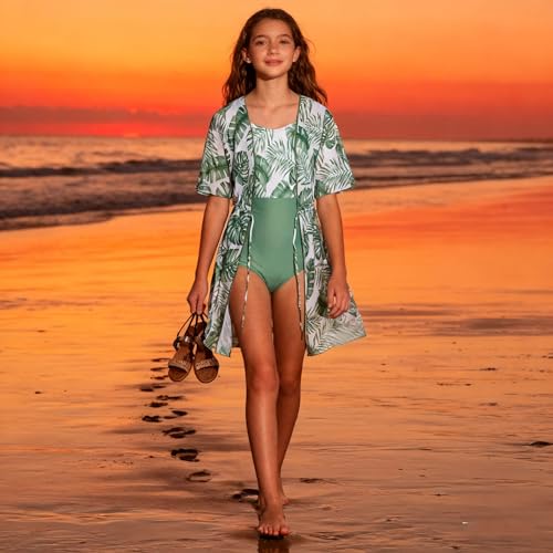 Image of Funnycokid Girls Bathing Suits One Piece Swimsuit with Cover Up Kids Swim Suit Size 8-16